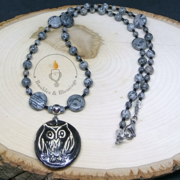 Hypoallergenic Silver Lace Agate Necklace with Owl Diffuser Pendant by Beadfreaky
